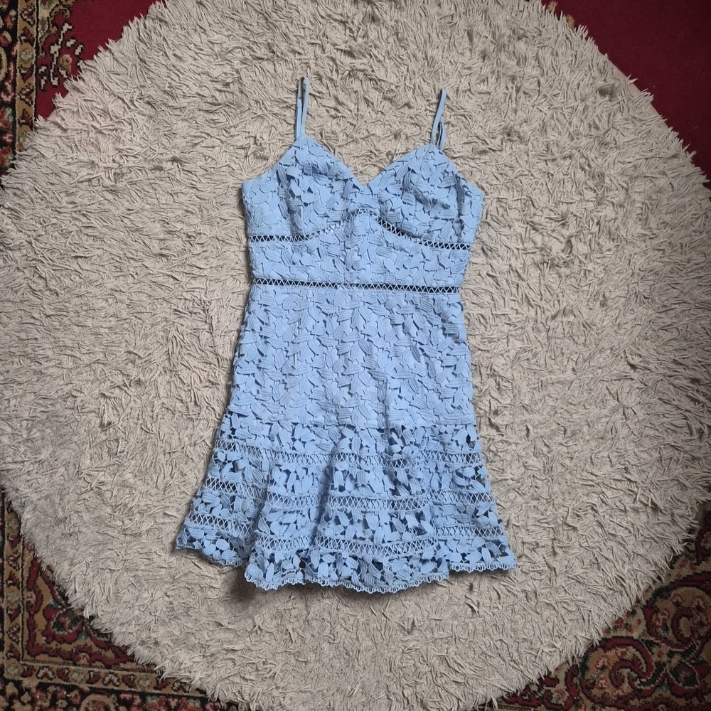 Womens Bardot Dress Dusty Blue Floral Lace Flounce Hem Spring Summer Wedding ✨️